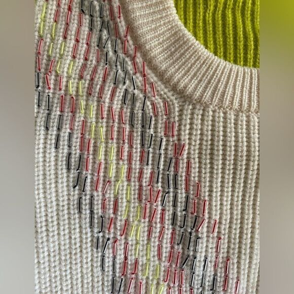 KENZO Sweater Womens Sz S Beige Wool Embroidered Multicolor zig zag lines - Picture 7 of 12